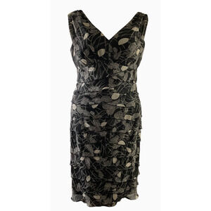 Jones Wear‎ Dress 12 Black White Floral Tiered Ruffle Sleeveless Mid-Length